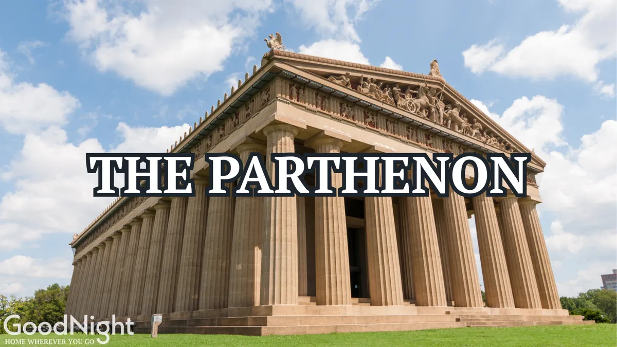 This image shows the iconic Parthenon structure in Centennial Park, with its stately Doric columns and detailed sculptural frieze. The scene is set under open skies and surrounded by greenery, emphasizing the grandeur and historical significance of the park's landmark.