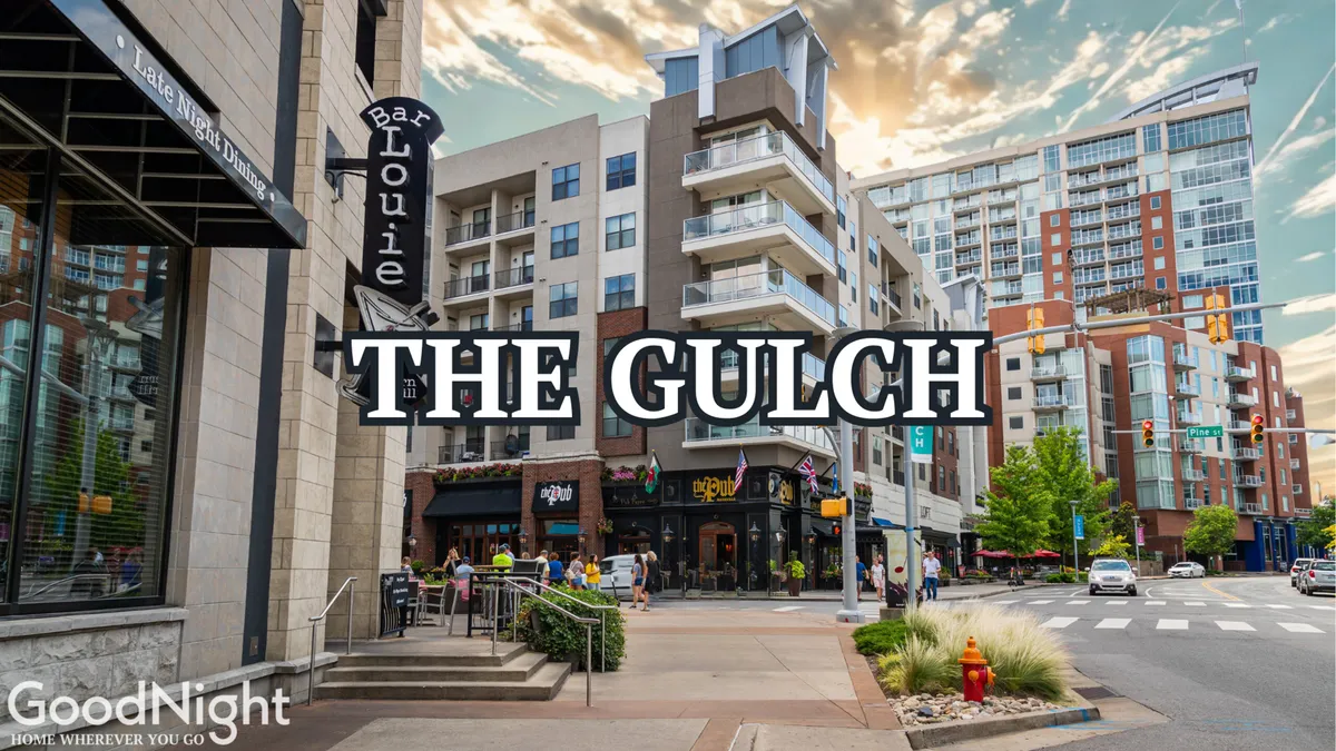 A bustling exterior street scene featuring Bar Louie, The Gulch sign, modern buildings, and pedestrians walking and socializing. Outdoor dining setups and vibrant activity hint at a lively nightlife and dining hub.